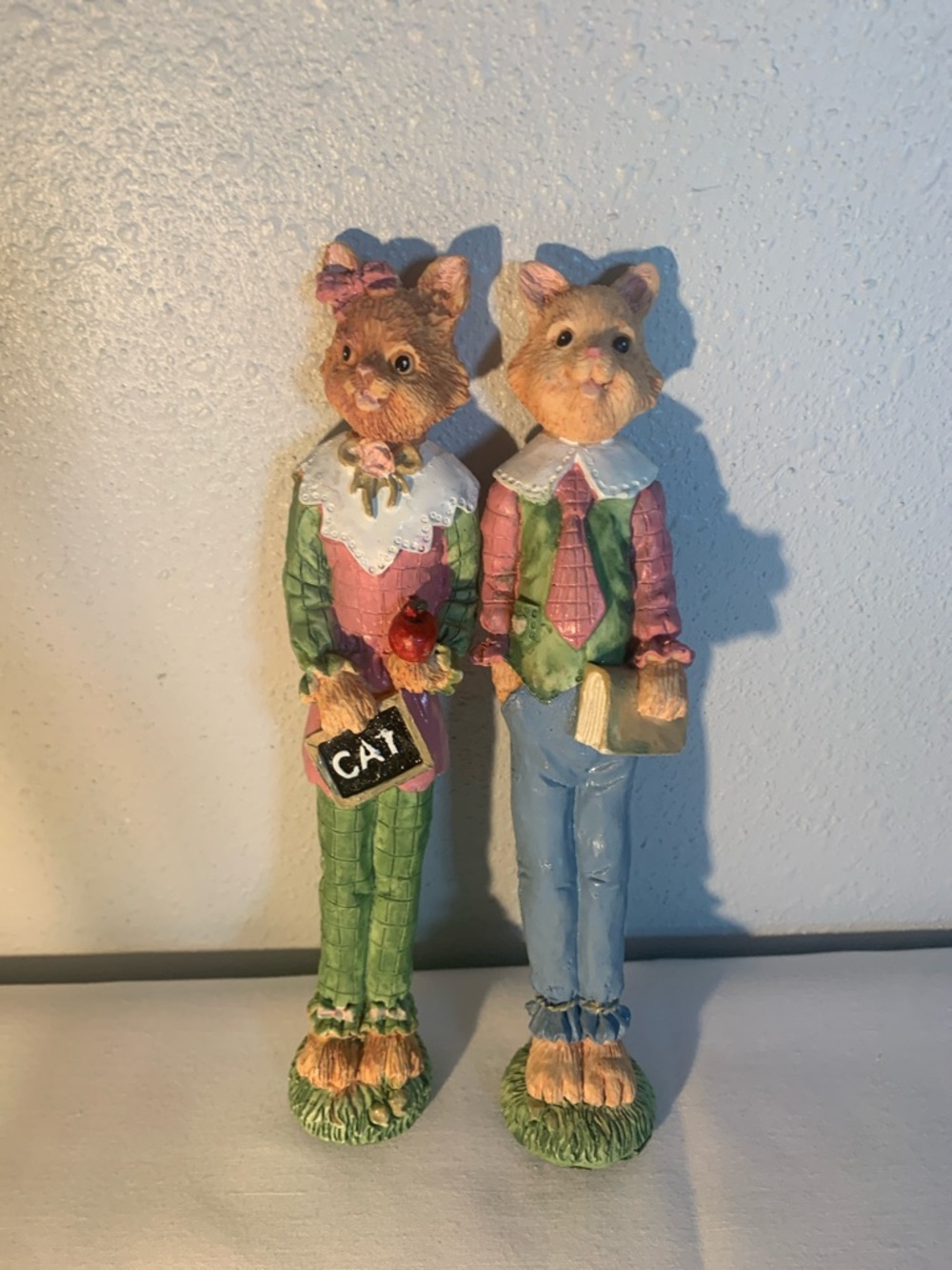 CALICO  kittensDecorative Cat Figurine Pair in Green, Pink and Blue. Collectible